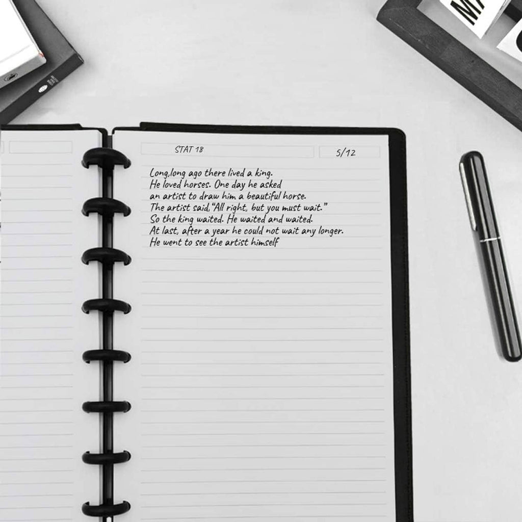 Lined disc-bound notebook pages with black rings and white paper