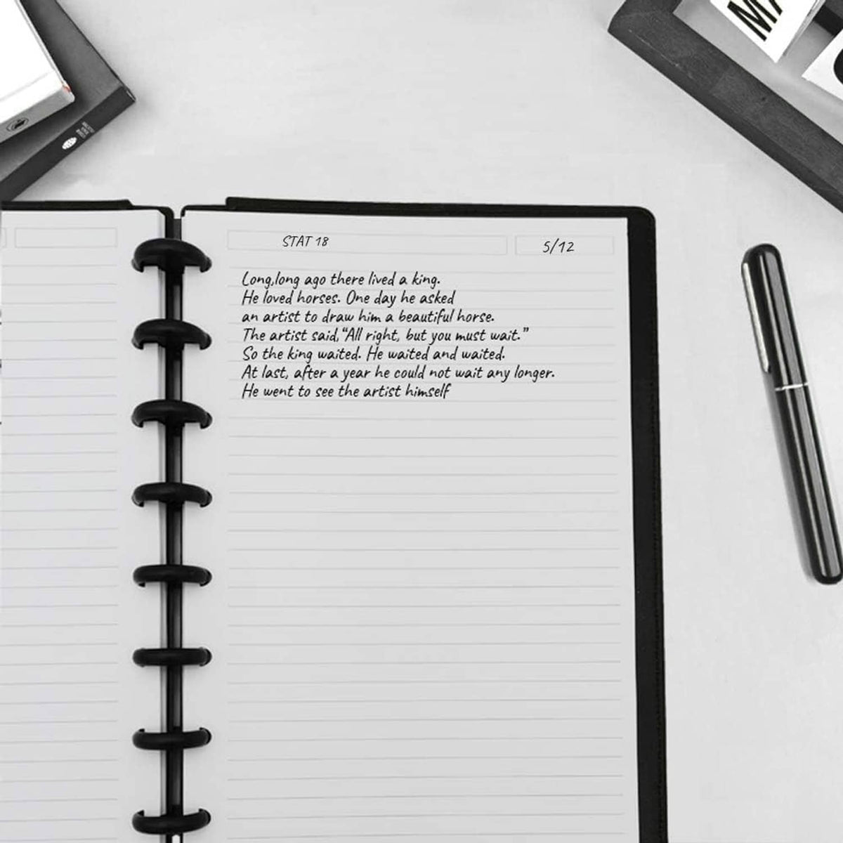 Lined disc-bound notebook pages with black rings and white paper