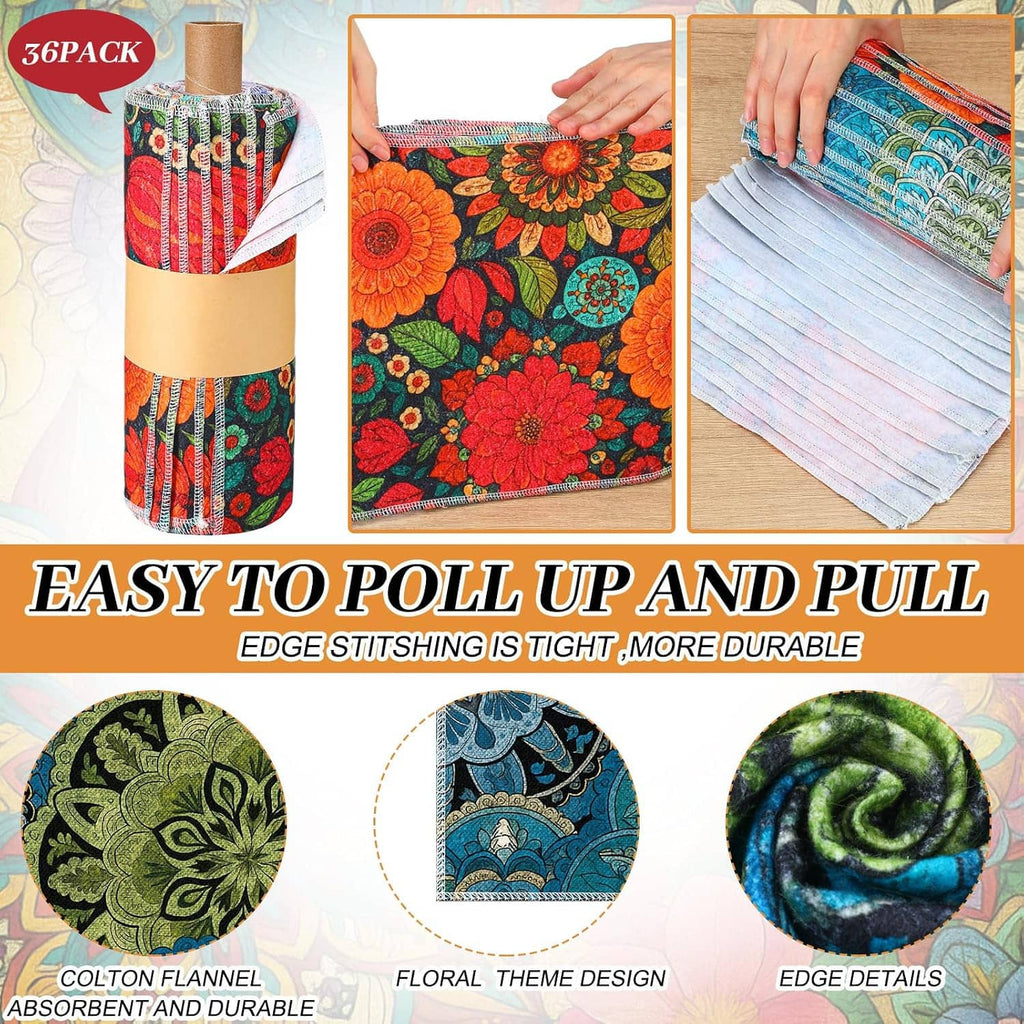 Reusable cloth towel rolls with floral patterns, shown rolled, folded, and edge-stitch detail