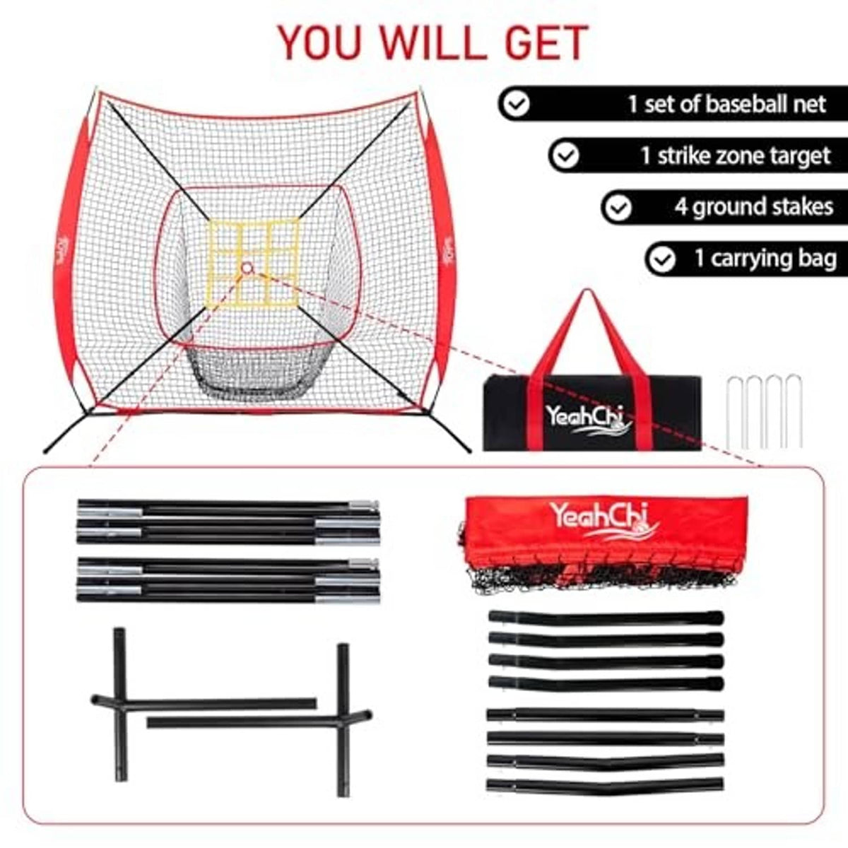 Baseball pitching net kit with red frame, yellow strike zone target, and carrying bag