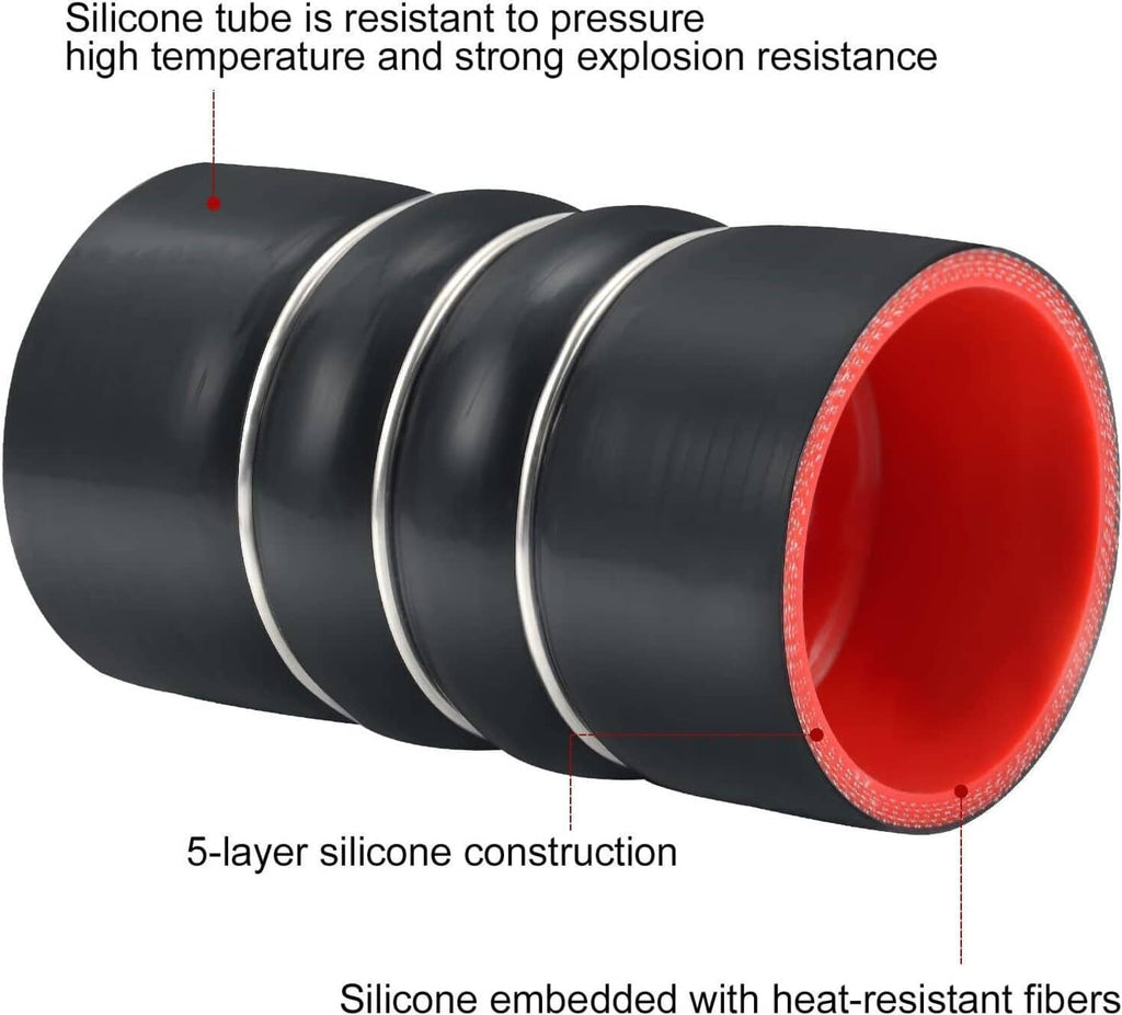 Black silicone intercooler hose with red interior and reinforced 5-layer construction.