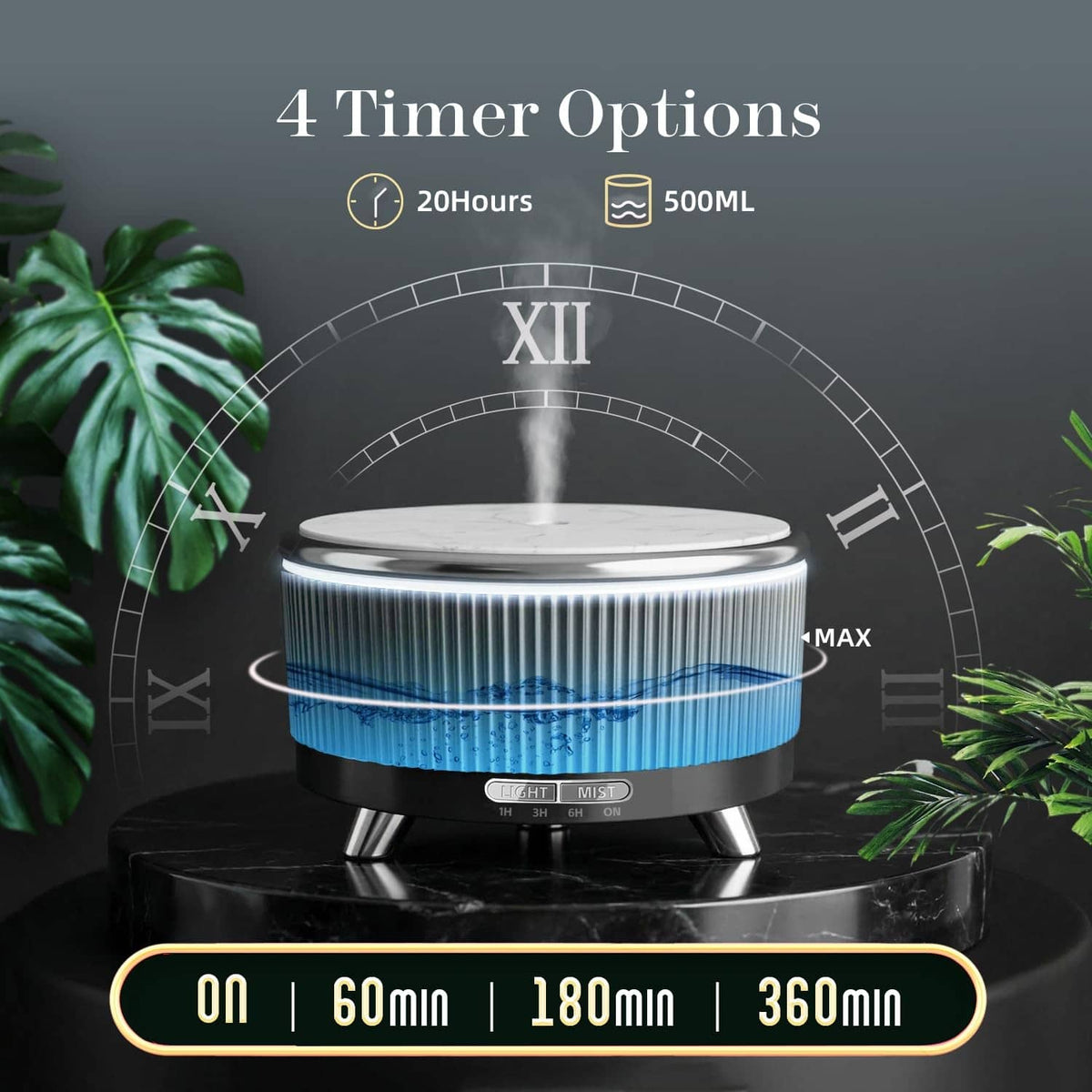 Black ultrasonic diffuser with blue LED light ring and timer-style mist output