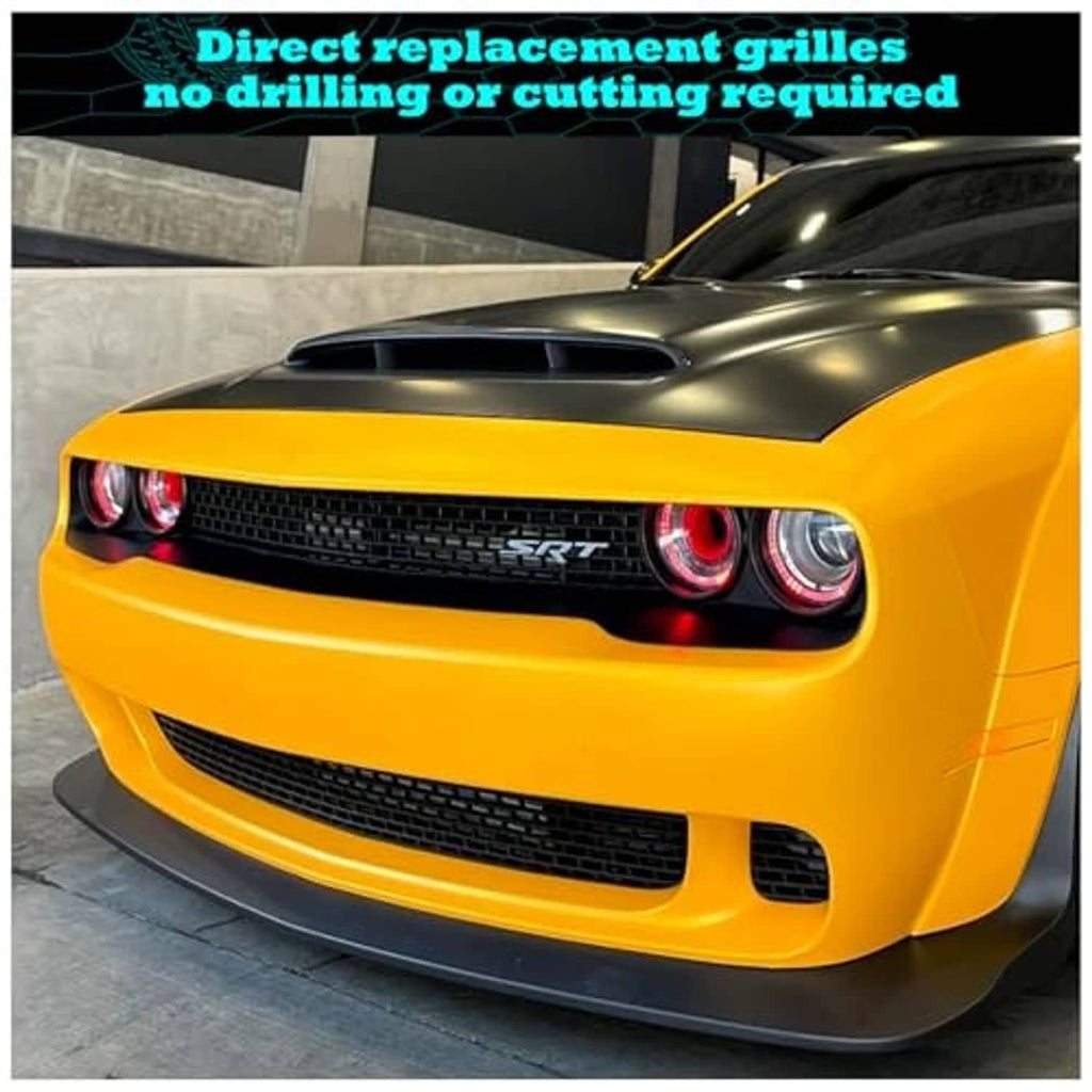 Black front bumper lower grille with mesh and center opening on orange car bumper
