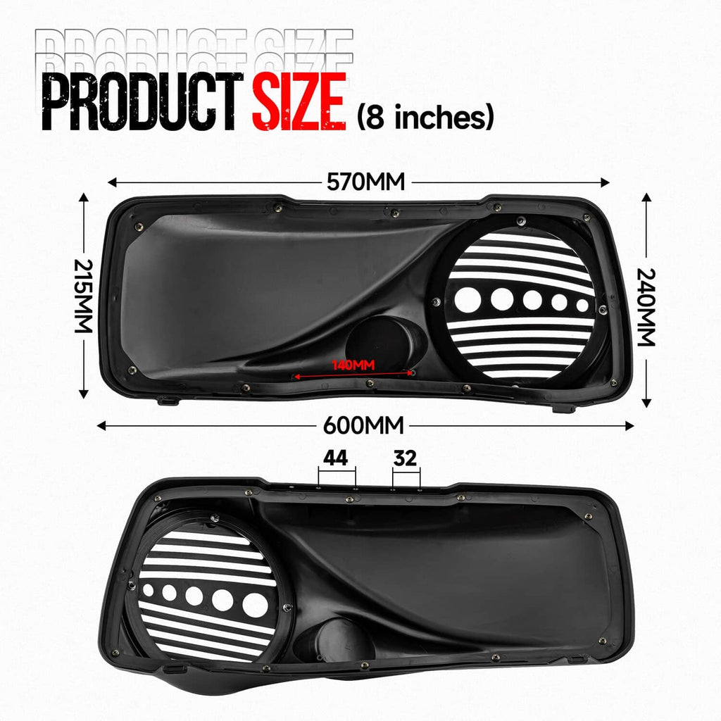 Black 8-inch speaker lid dimensions diagram with tweeter port and grille