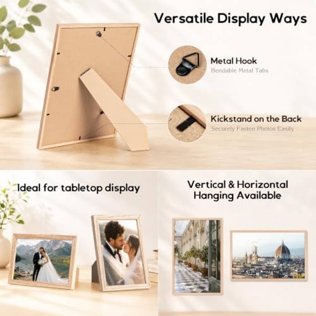 Natural oak photo frame with metal hook and kickstand back support