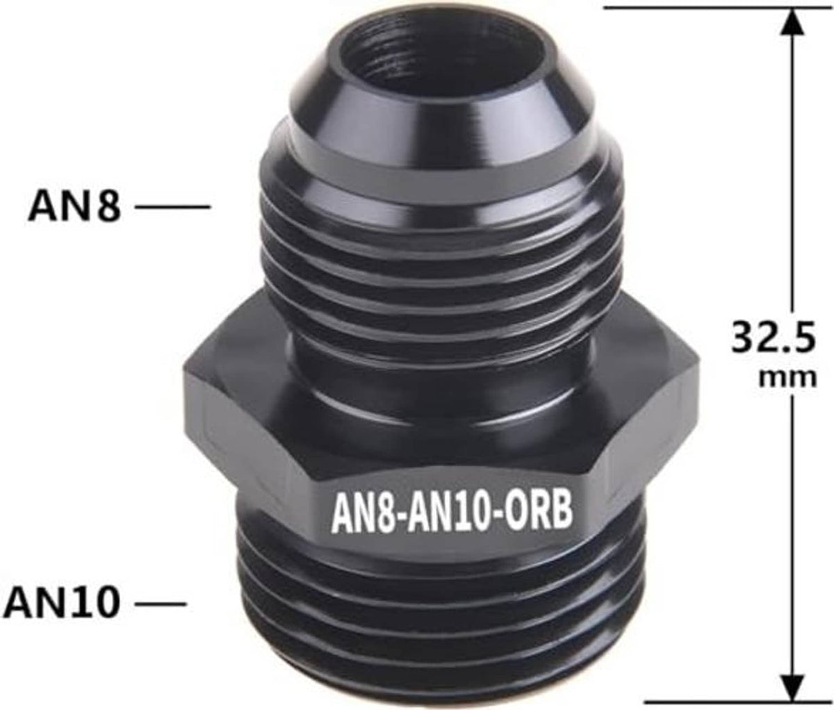 Black AN8-AN10 ORB male O-ring boss adapter, 32.5 mm dimension shown