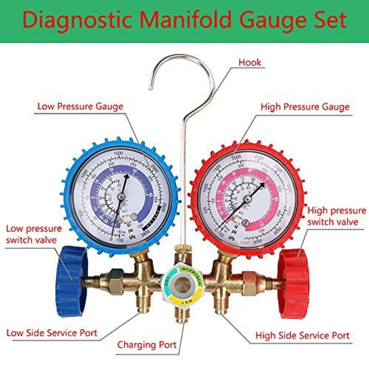 Diagnostic manifold gauge set with low and high pressure gauges and hook handle