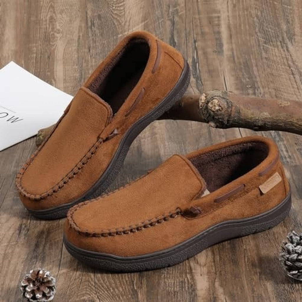 Men's camel suede moccasin slippers, pair view, with stitched edging and grippy sole.