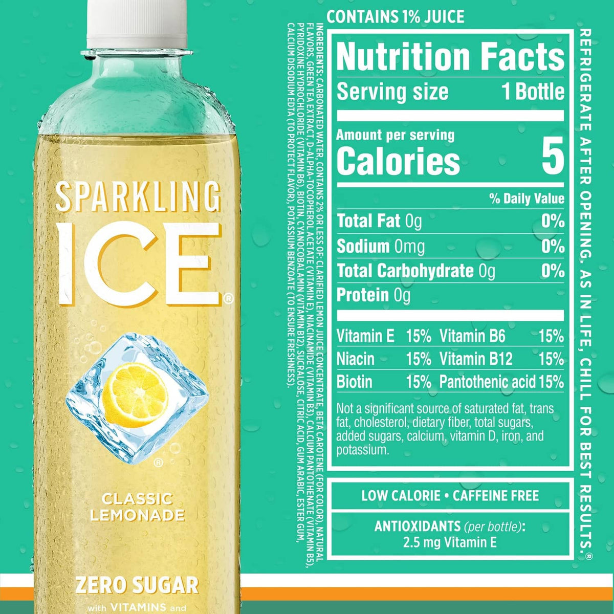 Sparkling Ice classic lemonade zero sugar bottle with nutrition facts panel