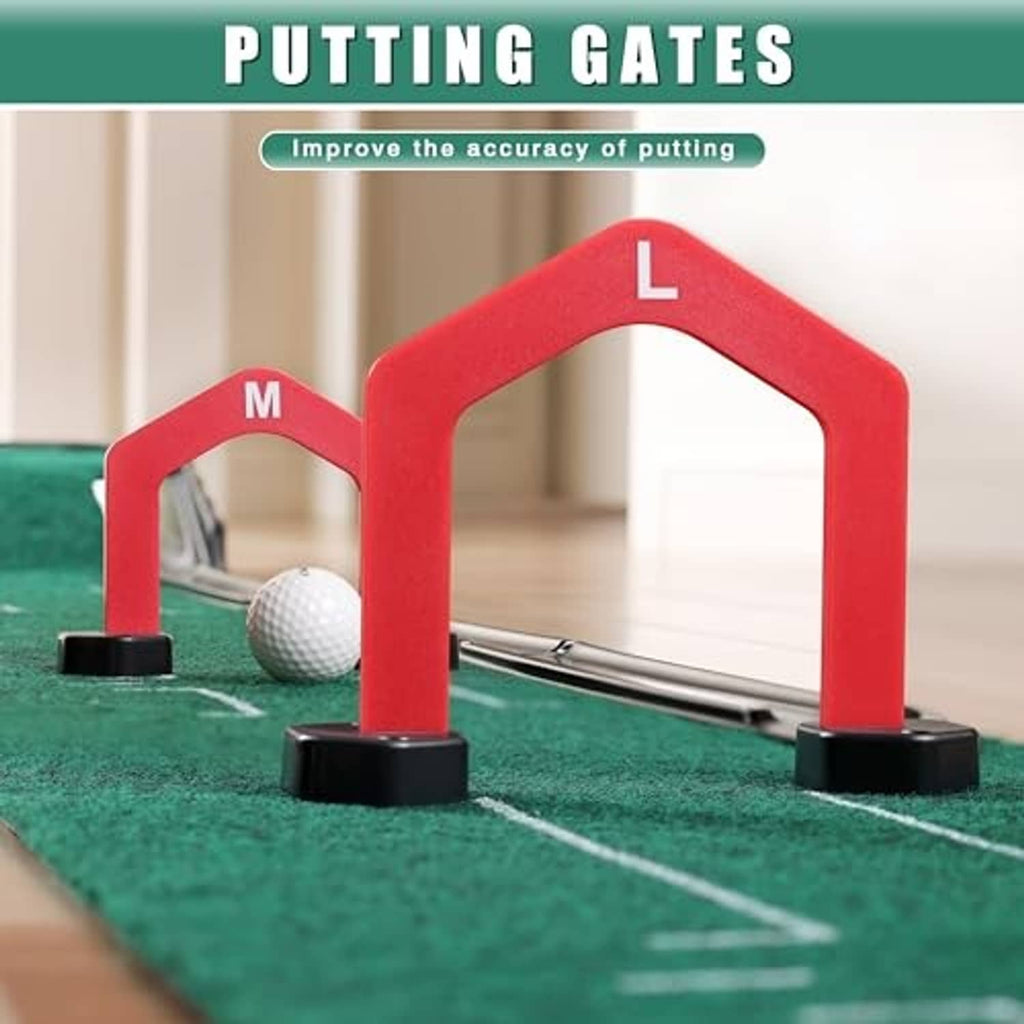 Green putting mat with red L-and-M putting gates, golf ball, and guide lines