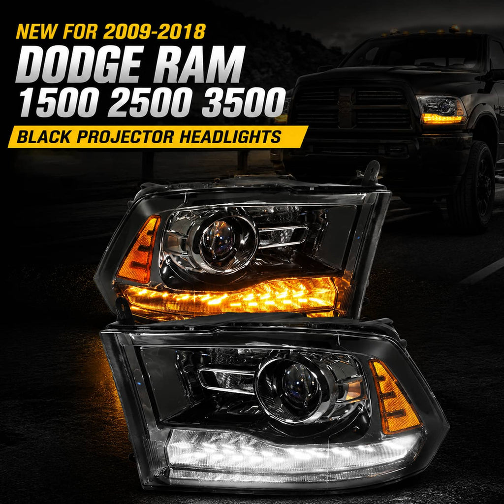 Pair of black projector headlights with amber DRL and round projector lenses