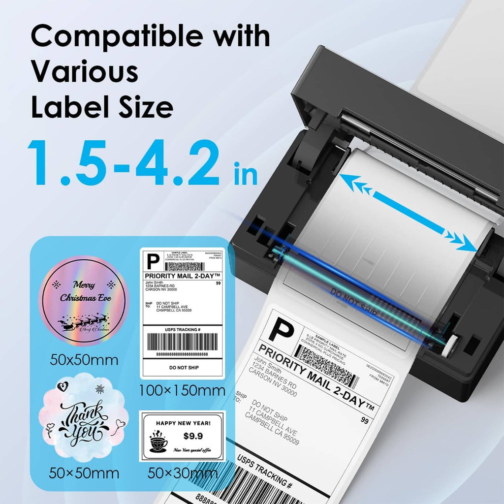 Thermal label printer with open cover showing 4x6 print area and label size options