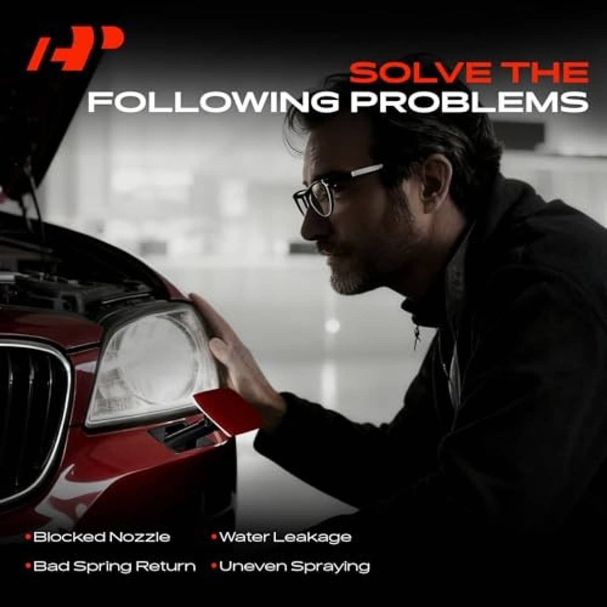 Headlight washer nozzle inspection near front headlight by mechanic