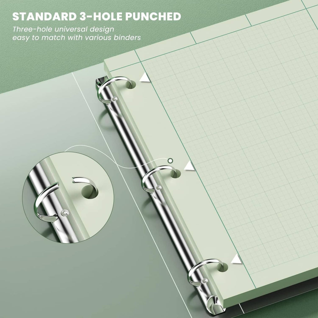 Green engineering graph paper with three-hole punch and straight grid lines