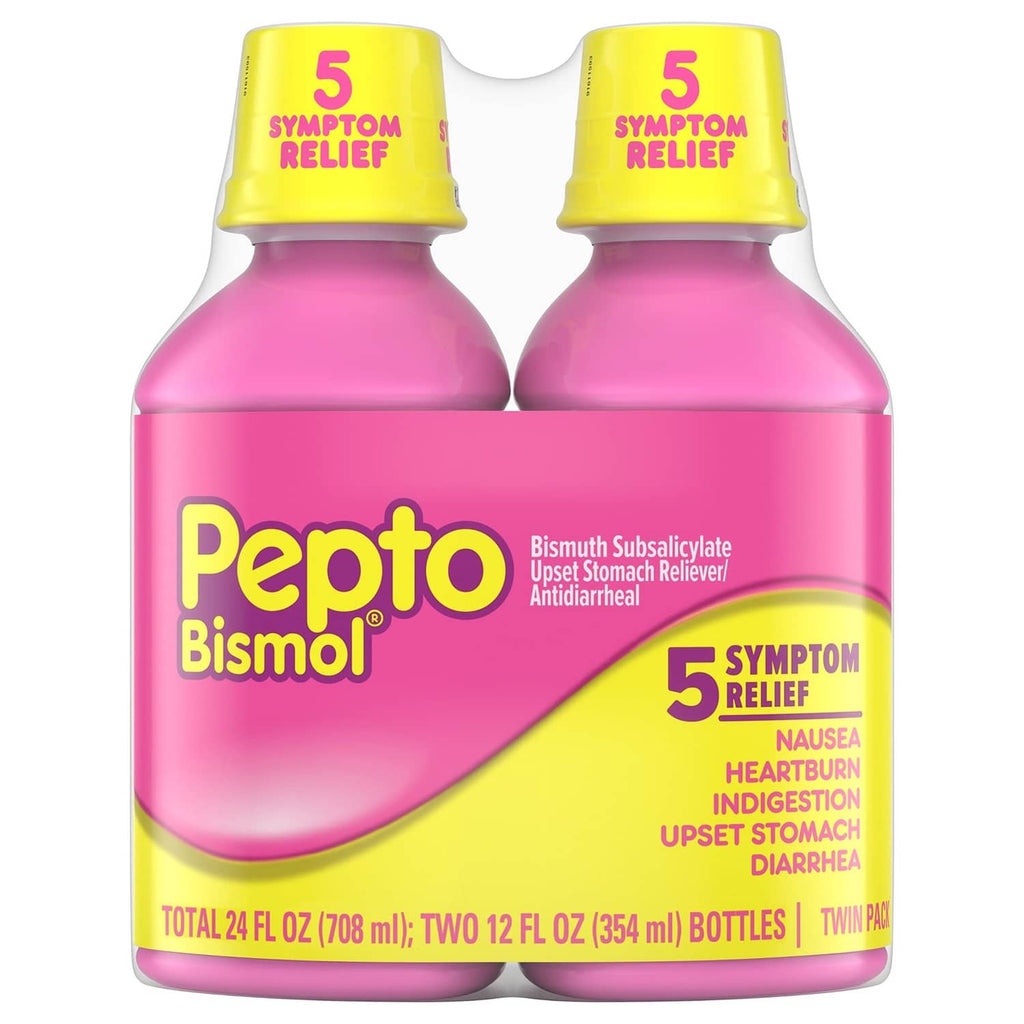 Pepto Bismol liquid twin bottles, pink with yellow caps, 5 symptom relief label