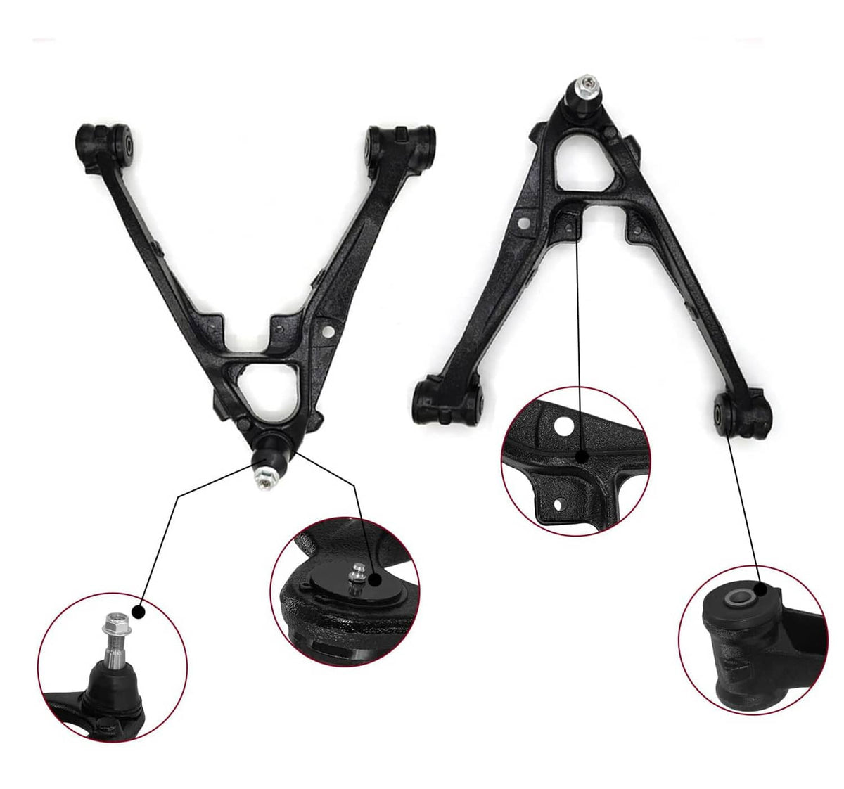 Pair of black front control arms with ball joints and close-up bushing and boot details