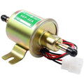 12V electric fuel pump with gold finish, mounting bracket, and red/black wiring leads