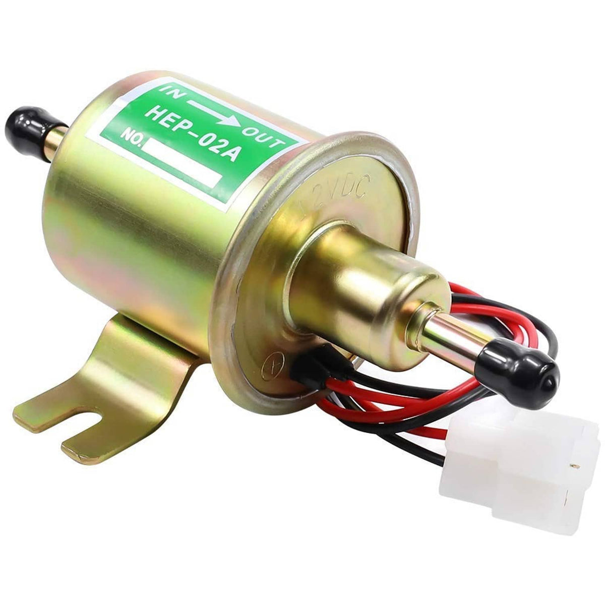 12V electric fuel pump with gold finish, mounting bracket, and red/black wiring leads