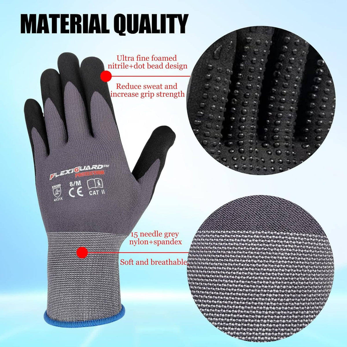Gray knit work gloves with black nitrile dot grip texture and soft foam palm cushioning