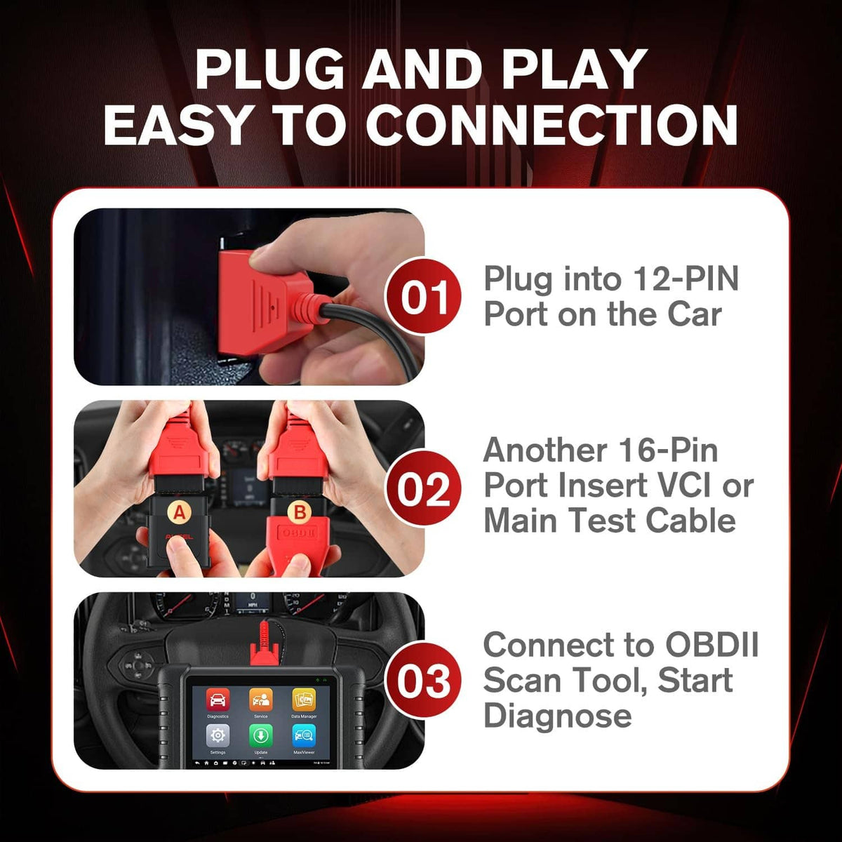 Red plug-and-play OBD adapter cable with 12-pin port connector and 16-pin plug