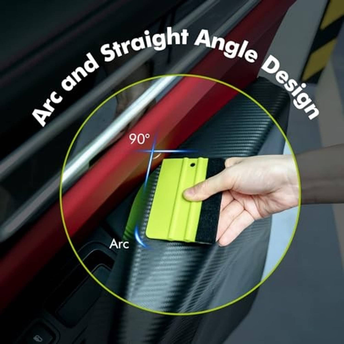 Neon green tint film and straight-edge tool shown for arc and straight-angle trimming