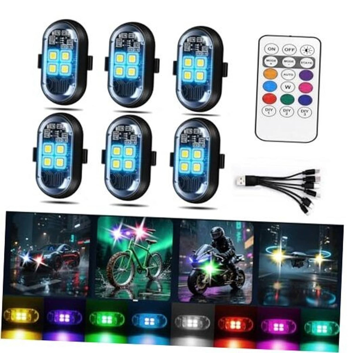 Set of 6 black wireless LED warning strobe lights with remote controller and USB cable