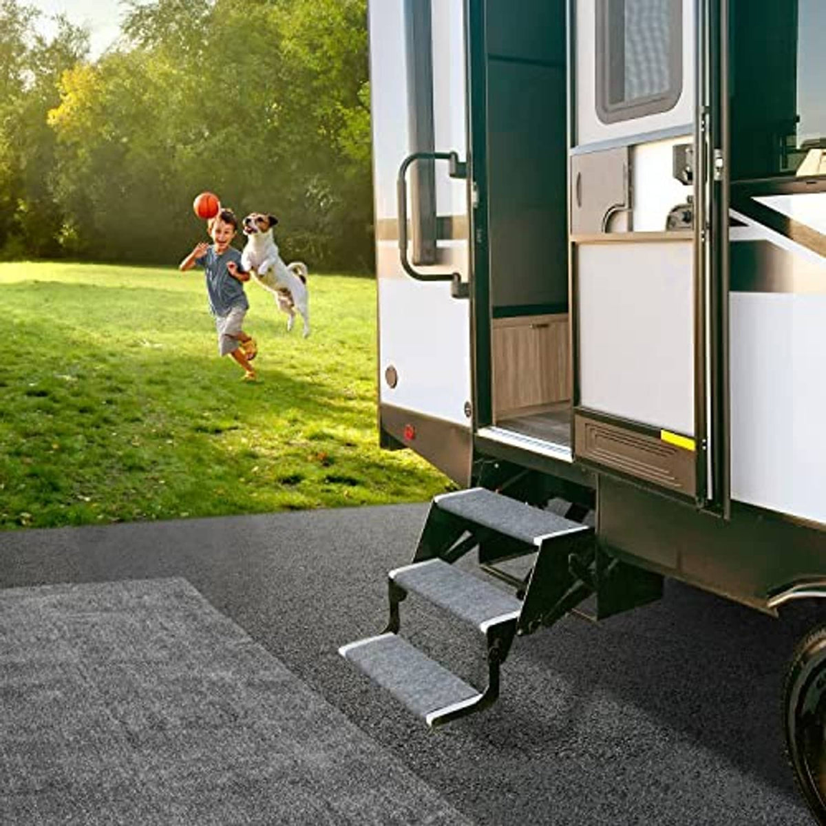 Castle gray RV step rug installed on RV entry step