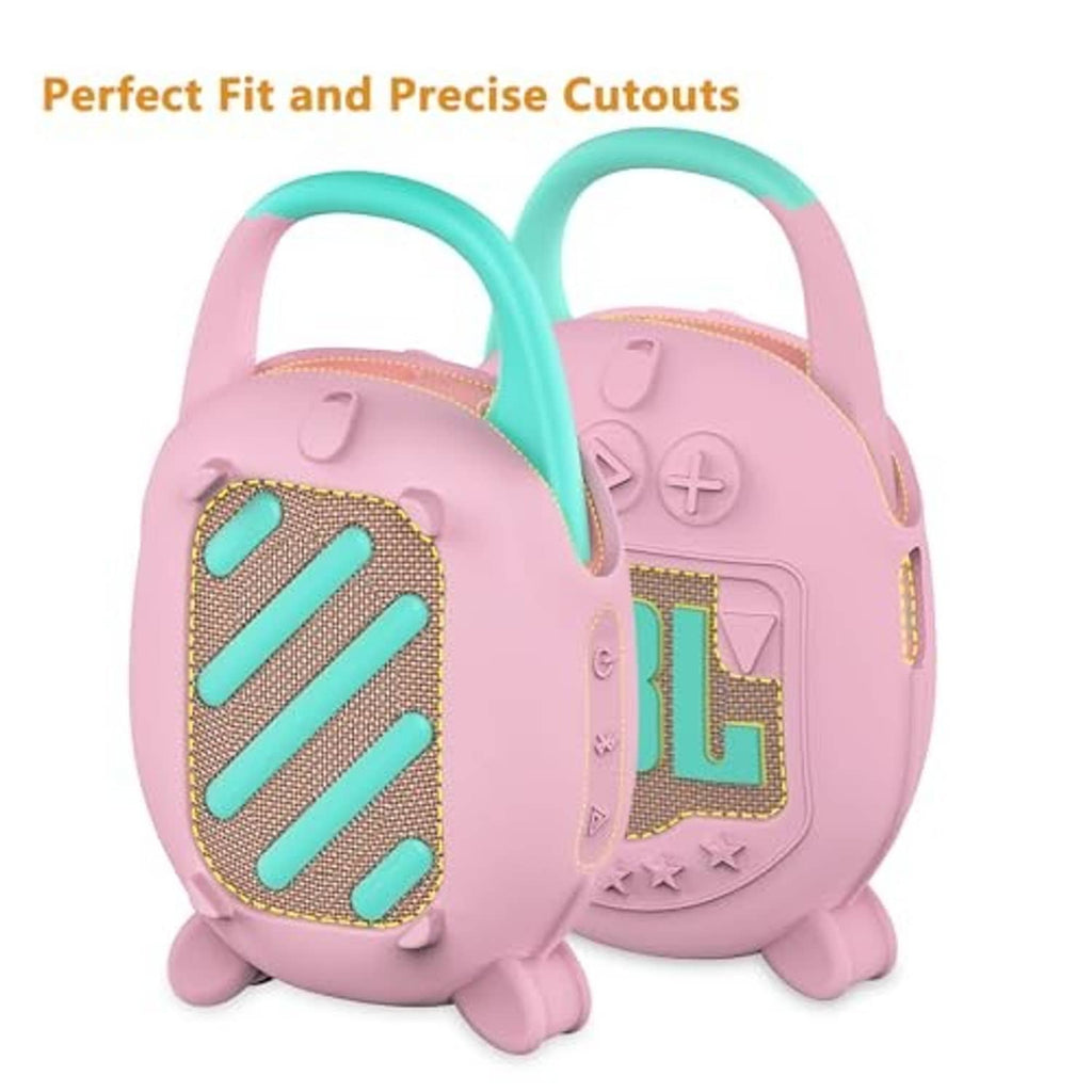 Pink silicone speaker cover with teal strap and cutouts for speaker controls
