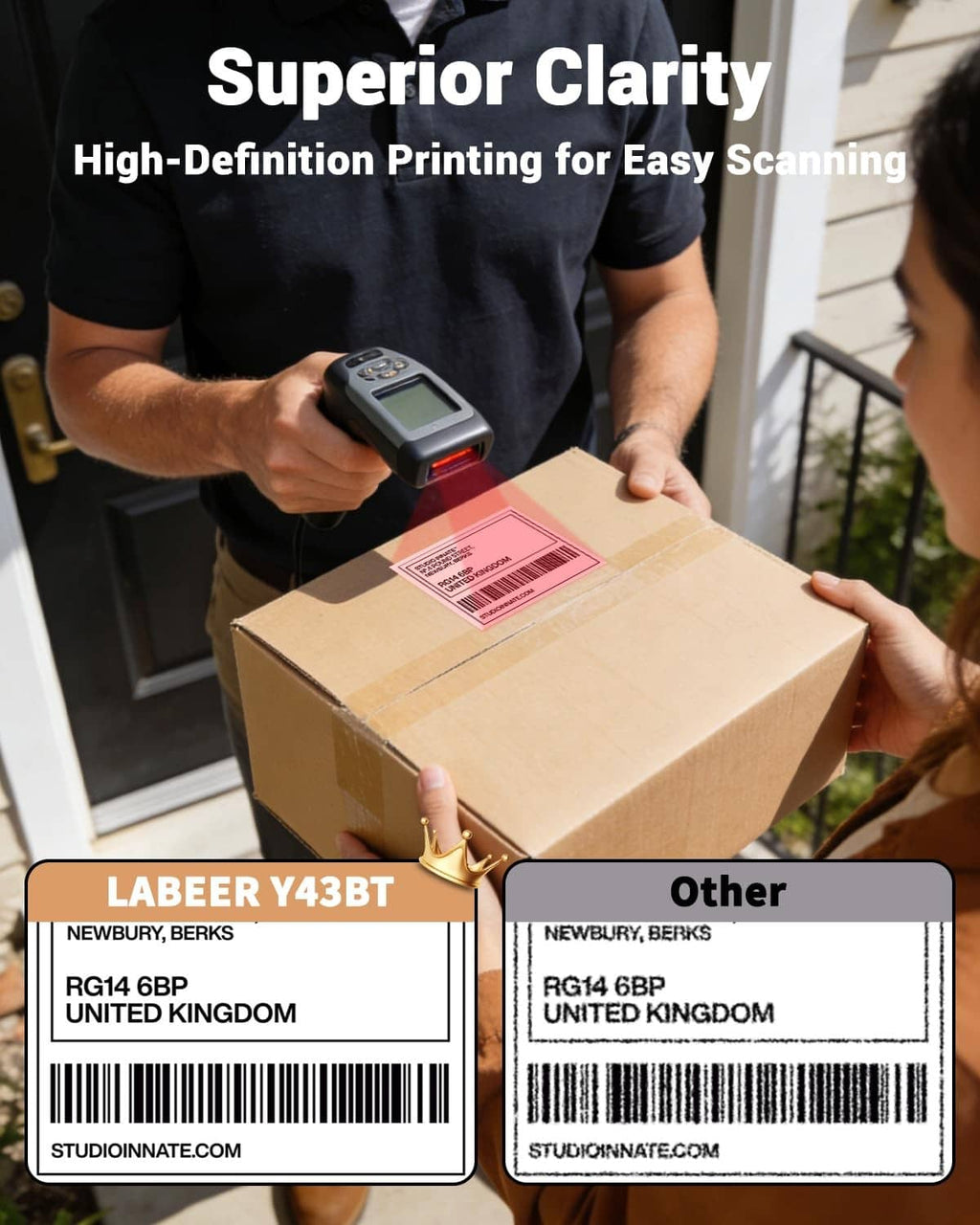Thermal shipping label printer held near a boxed delivery for high-clarity label printing
