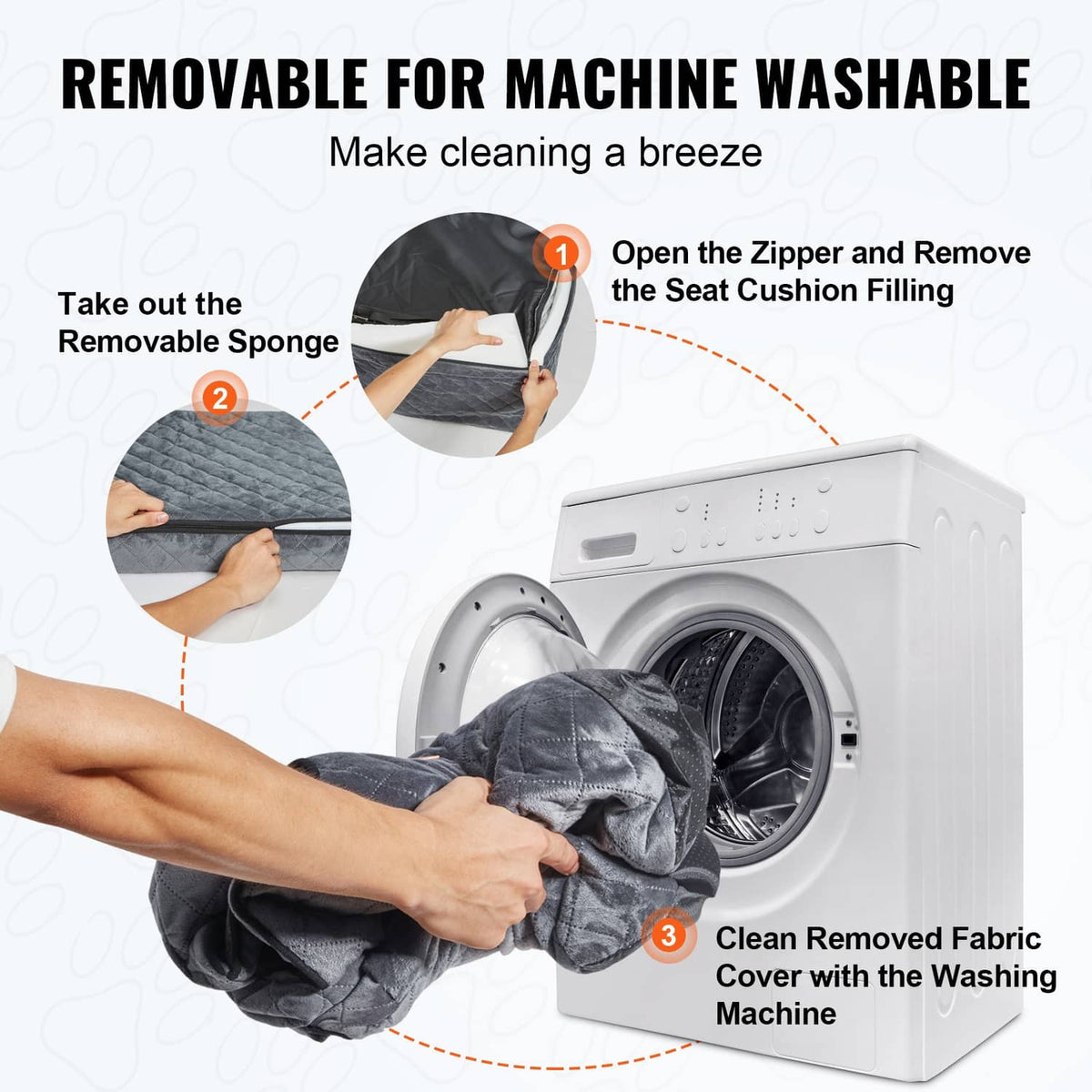 Gray booster seat with removable cushion cover being taken out for machine washing