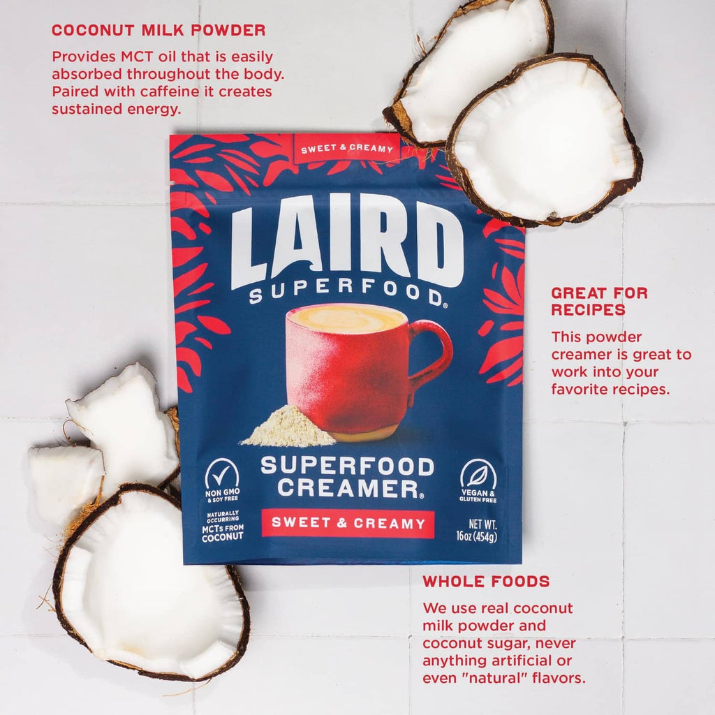Laird Superfood coconut creamer pouch with coconut halves and latte cup graphic