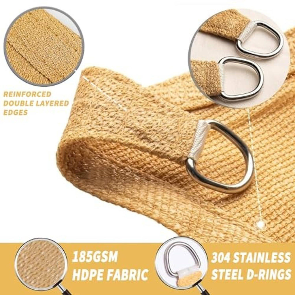 Tan woven shade sail fabric with reinforced edges and stainless steel D-rings