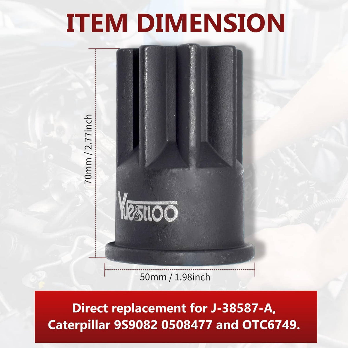 Engine barring socket with raised splines and dark metal finish, compact profile