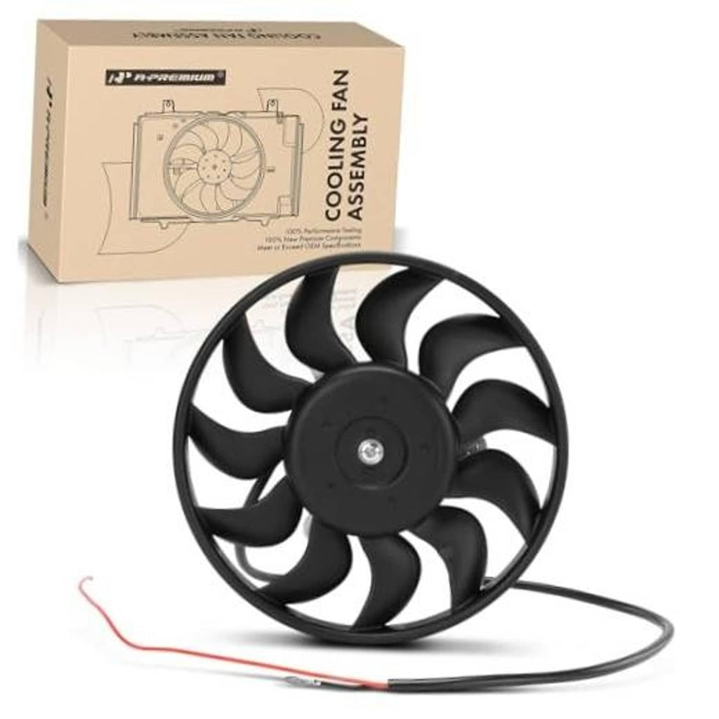 Radiator cooling fan assembly with black multi-blade fan and power cable