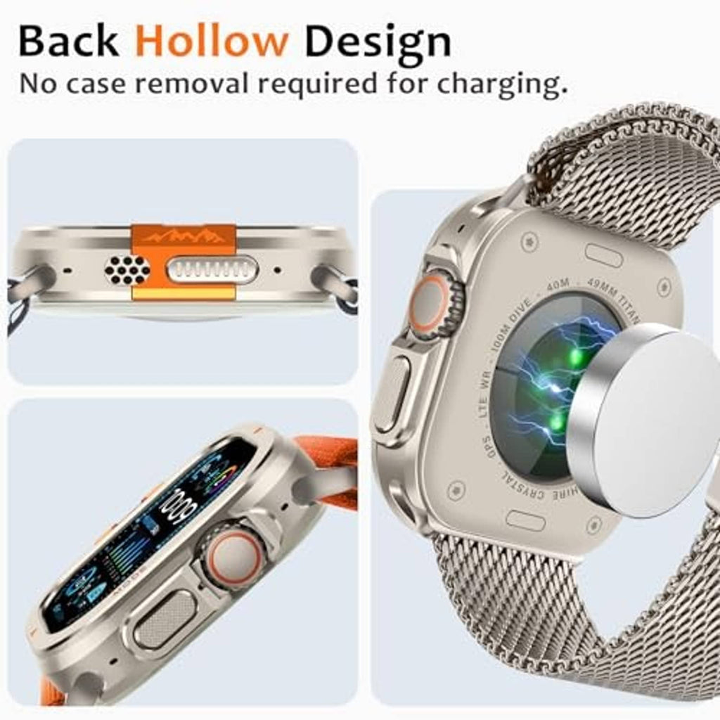 Metal case with back hollow design for charging access, titanium-style frame and orange button