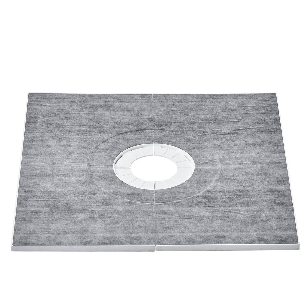 Gray square shower curb tray with central drain opening and smooth surface