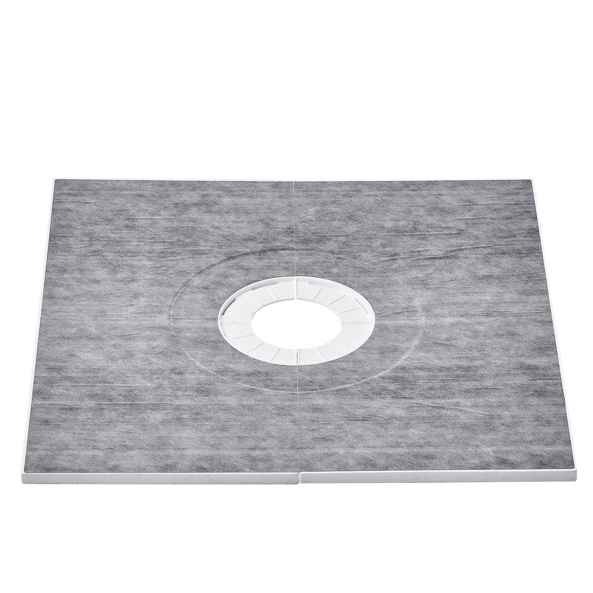 Gray square shower curb tray with central drain opening and smooth surface
