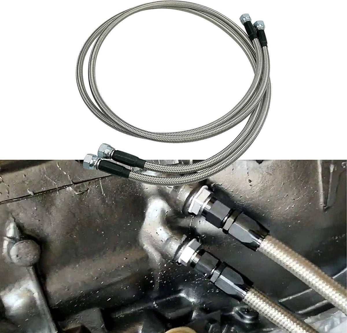 Transmission cooler hose kit installed with braided lines and metal couplings