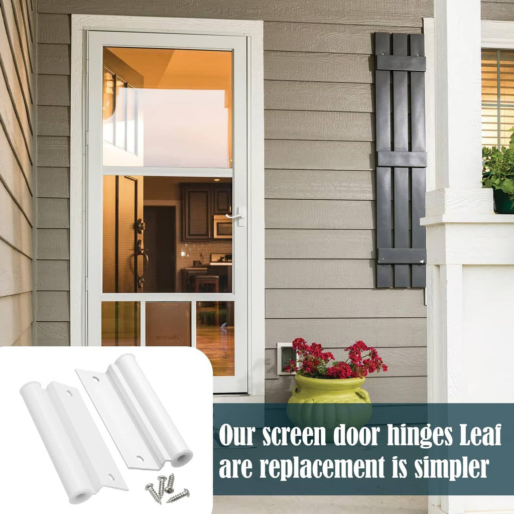 White screen door hinge leaf replacement illustration with included screws