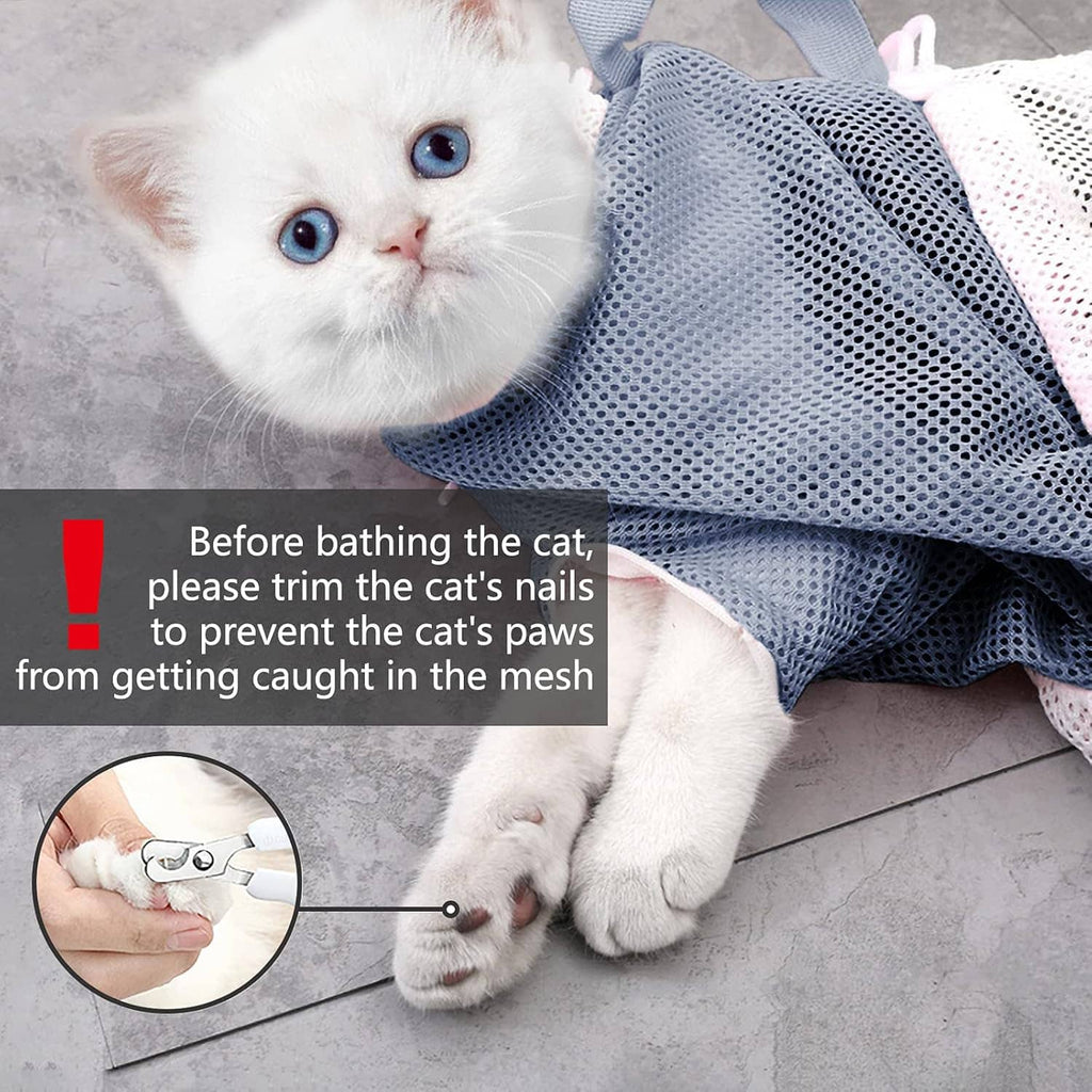 Cat resting in light blue mesh bathing bag on gray floor, showing paw openings