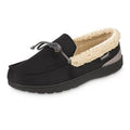 Black slip-on moccasin slippers with tan sherpa lining and gray lace cord detail