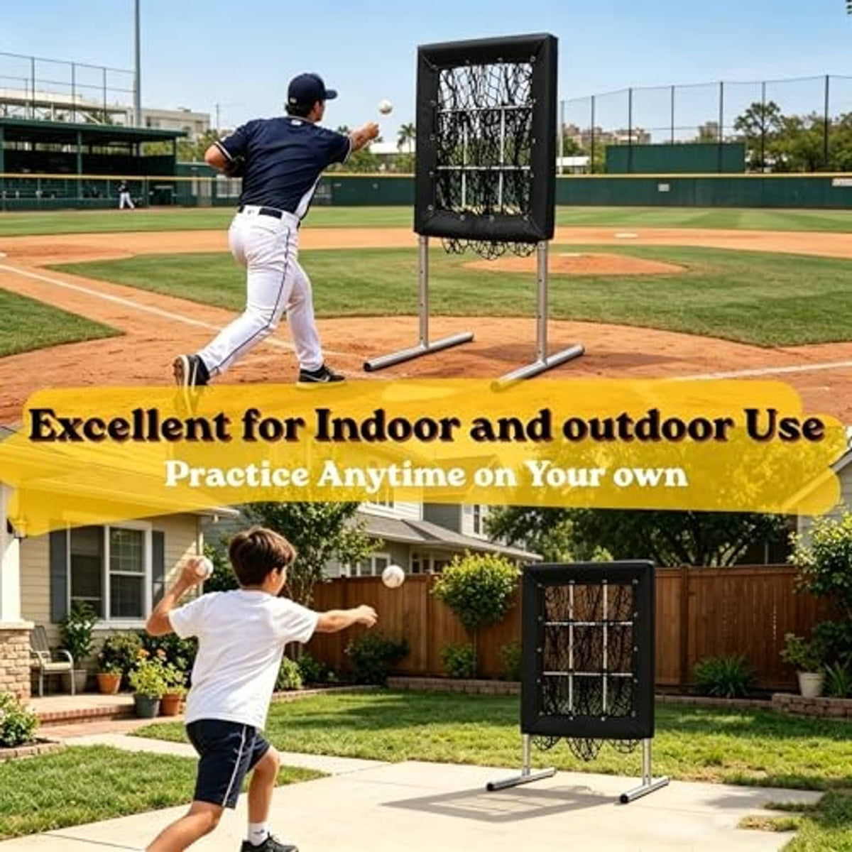 Black portable pitching practice net on adjustable metal stand