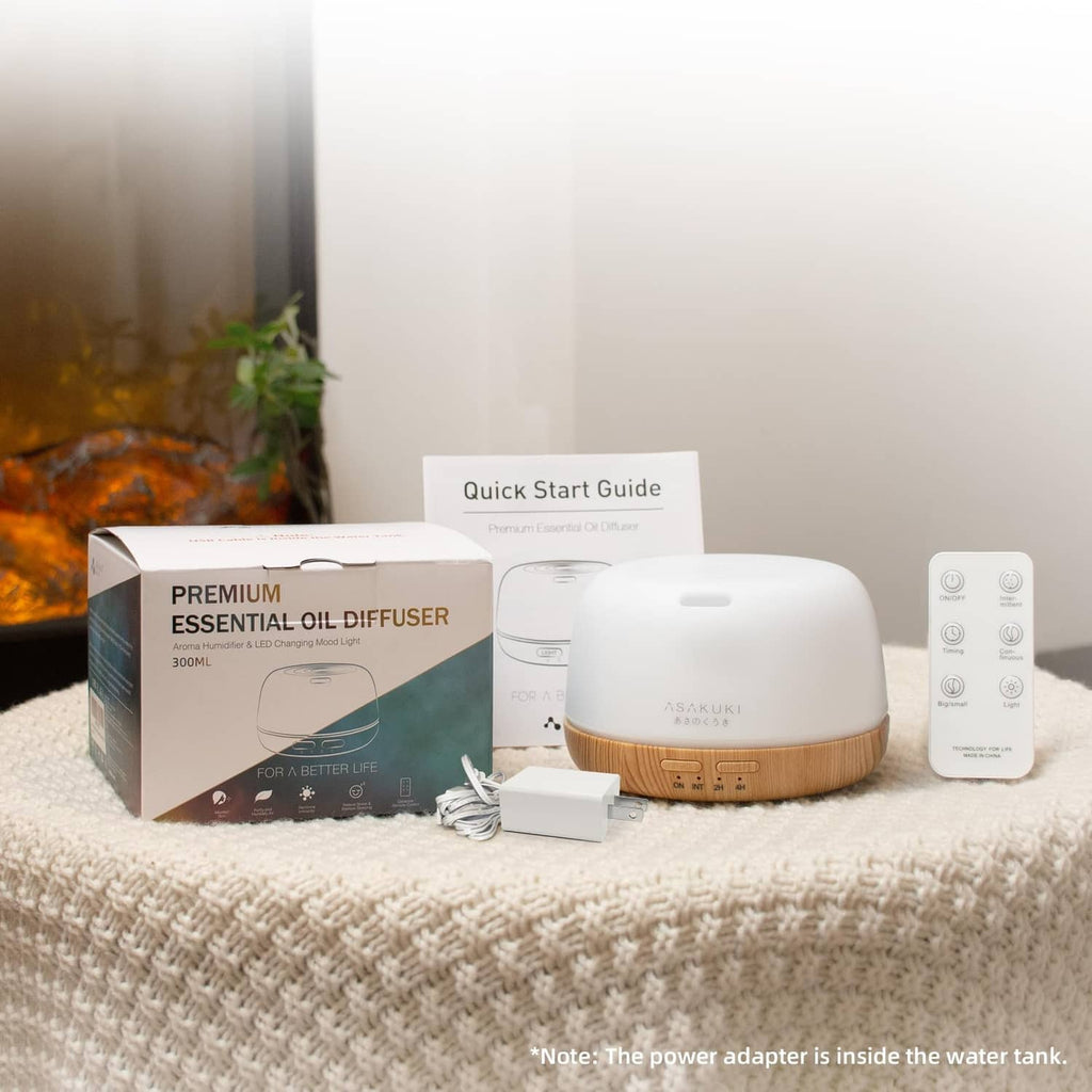 ASAKUKI essential oil diffuser with quick start guide and remote, white top, wood base