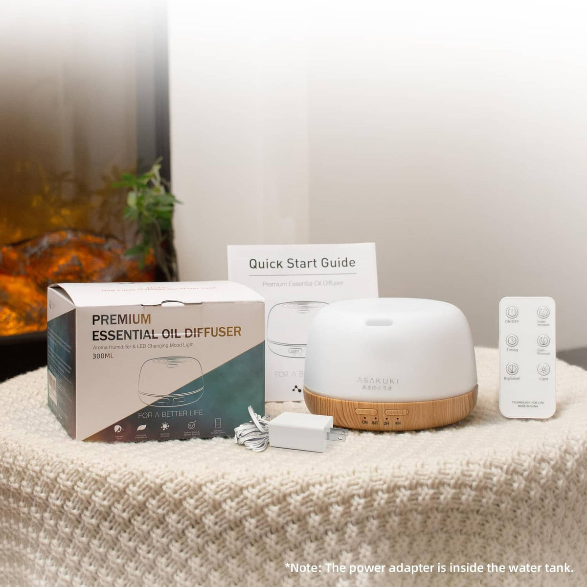 ASAKUKI essential oil diffuser with quick start guide and remote, white top, wood base