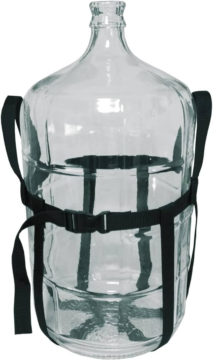 Glass water jug with black webbing straps securing the body and neck area