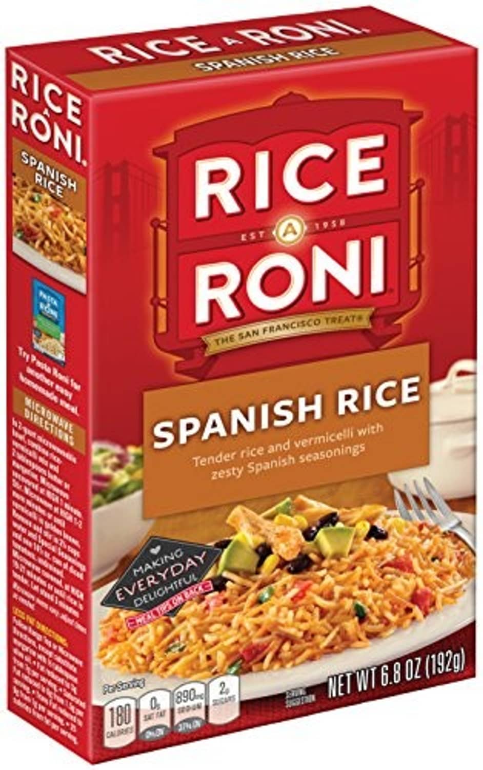 Rice-a-roni Spanish rice dinner mix box, red package with Rice Roni logo and serving bowl