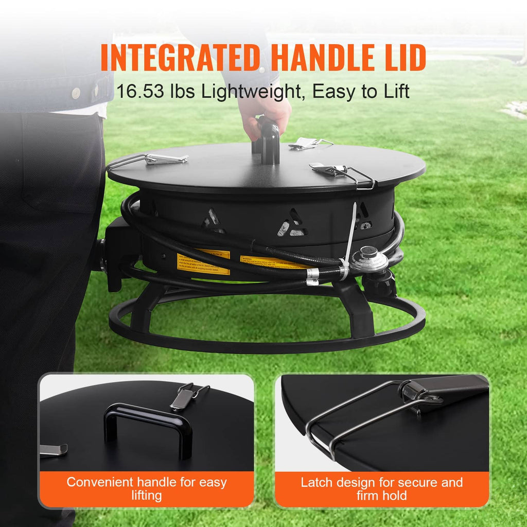 Black propane fire pit with integrated lifting handle and closed lid cover