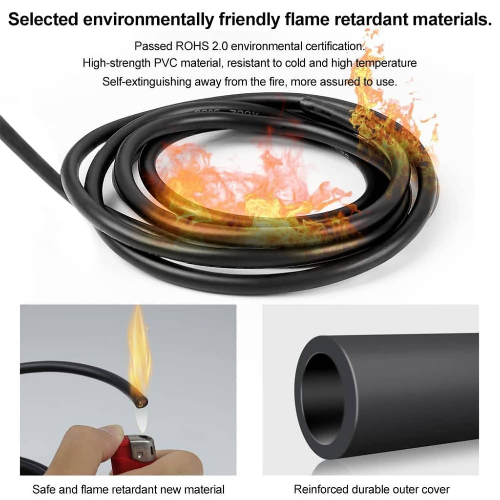 Coiled low-voltage 2-conductor wire with black outer jacket and flame-resistance graphic