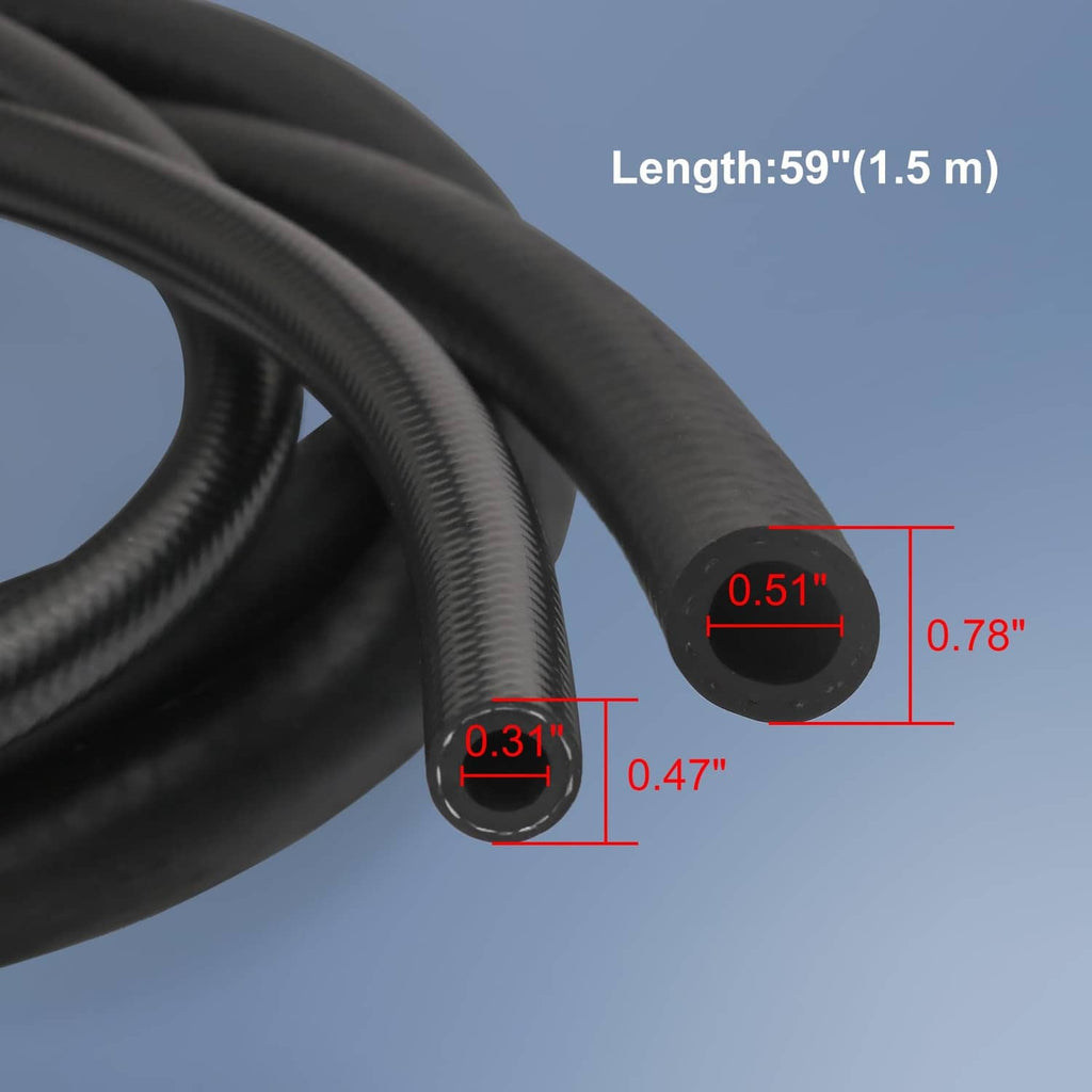 Black fuel hose, curved, with length about 59 in (1.5 m) and width notes