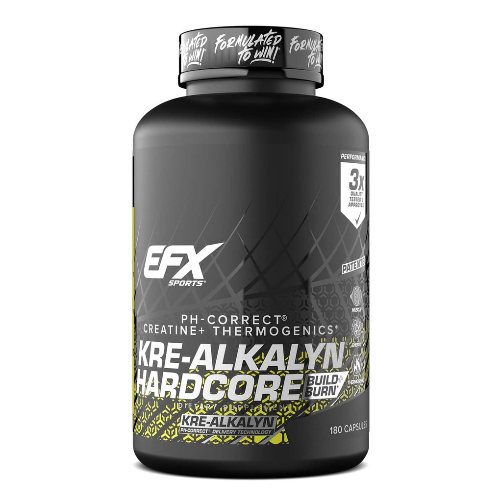 Black EFX Sports supplement bottle, Kre-Alkalyn Hardcore label, 180 capsules